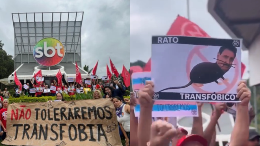 Manifestantes fazem protesto contra Ratinho na sede do SBT em São Paulo
