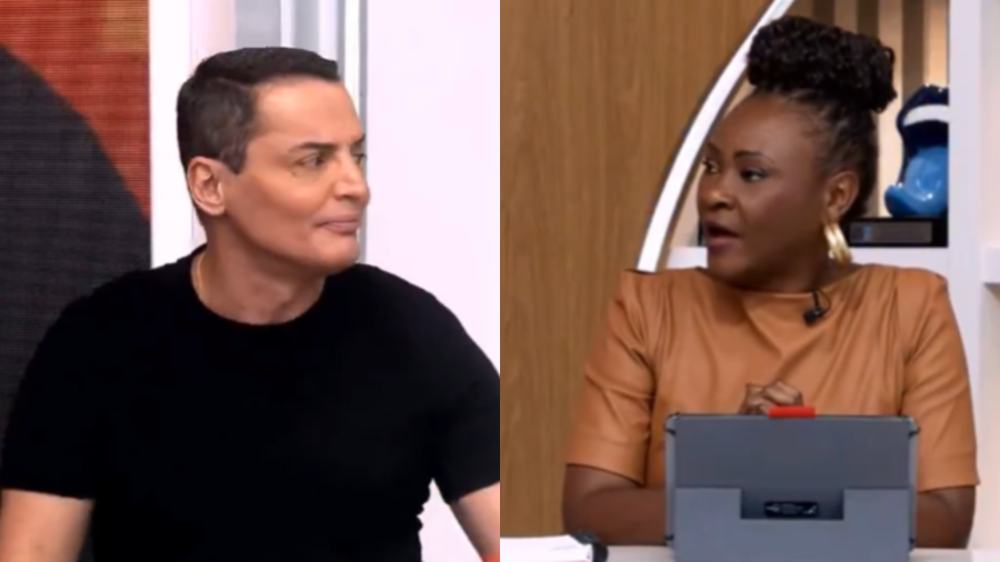 Léo Dias dá “puxão de orelha” em Janaína Nunes ao vivo e retira celular da apresentadora