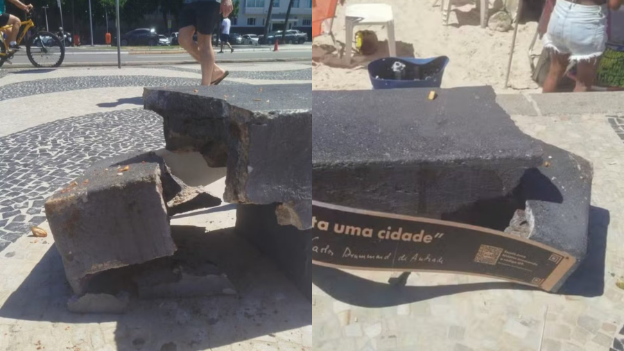 Turista quebra banco da estátua de Drummond em Copacabana ao tentar abrir coco