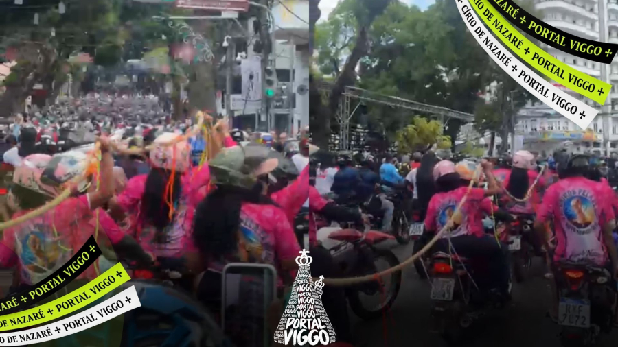 Grupo de motoqueiros carrega pedaço de corda durante Moto Romaria em Belém