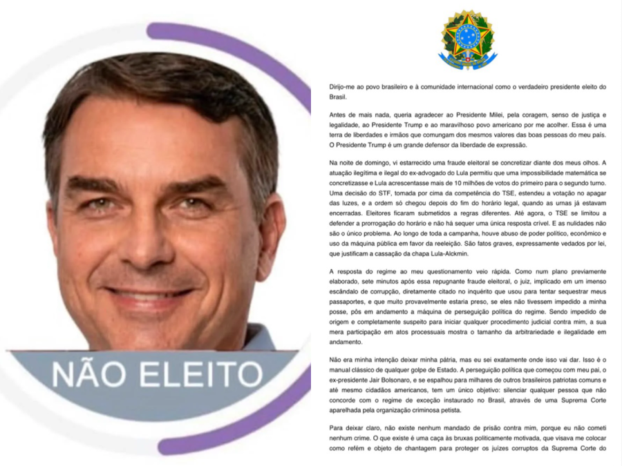 Após fugir para os EUA, Flávio Bolsonaro se declara “presidente eleito” e usa brasão com inscrição “Estados Unidos do Brazil”